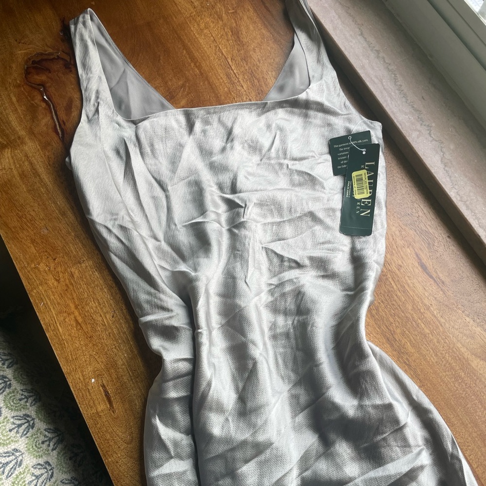 100% Silk Ralph Lauren Light Silver/green toned Slip Dress with Square Neck - Picture 3 of 6